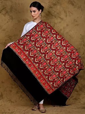 Shawl from Kashmir with Multicolor Aari Embroidered Floral Pattern