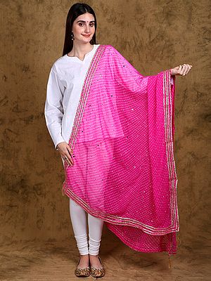 Georgette Diagonal Pattern Printed Dupatta with Bead-Mirror work and Lace Border from Amritsar