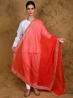 Georgette Diagonal Pattern Printed Dupatta with Bead-Mirror work and Lace Border from Amritsar