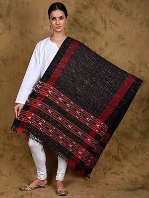 Black-Sand Diamond Weave Yak Wool Stripe Stole from Kullu with Kinnauri Triple Border