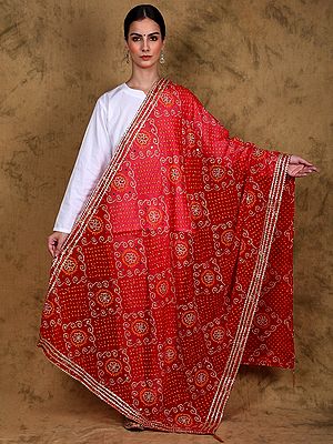 Mars-Red Bandhani Tie-Dye Printed Georgette Dupatta with Lace Border and Tassel