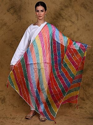 Rainbow Leheriya Bead-Mirror work Dupatta from Amritsar with Gotta Patti Border and Tassel