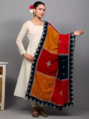 Velvet Multicolor Patch Work Sequins Embroidered Dupatta with Scalloped Border