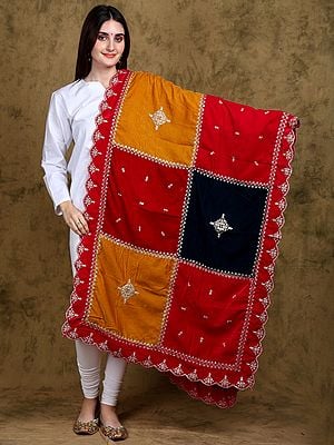 Velvet Multicolor Patch Work Sequins Embroidered Dupatta with Scalloped Border