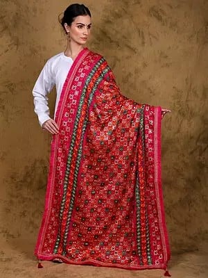 Phulkari Dupatta from Punjab with Heavy Thread Embroidery and Bead-Mirror Work