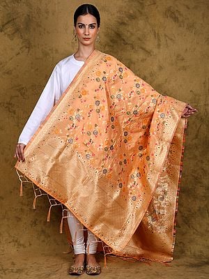 Art Silk Dupatta with All-Over Brocaded Multicolor Floral Vines