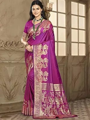 Traditional Attractive Silk Saree With Blouse And Peacock Motifs Pallu