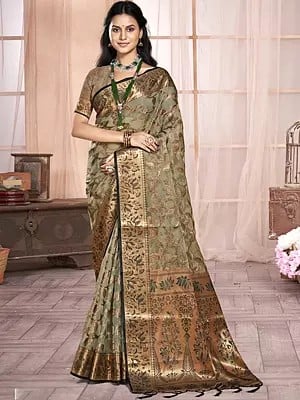 All Over Leaf Motifs Organza Saree With Blouse And Attractive Tassels Pallu