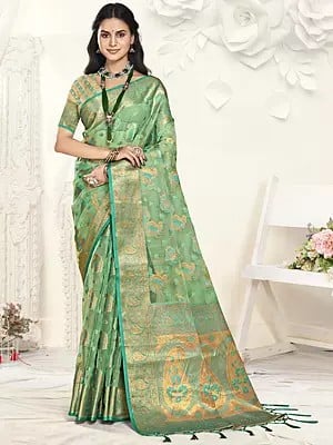 Paisleys Woven Motifs Organza Saree With Attractive Tassels Pallu For Festival Occasion