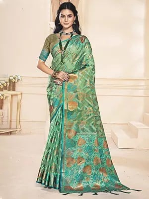 Flower Leaf Woven Motifs Festival Wear Organza Saree With Attractive Tassels Pallu