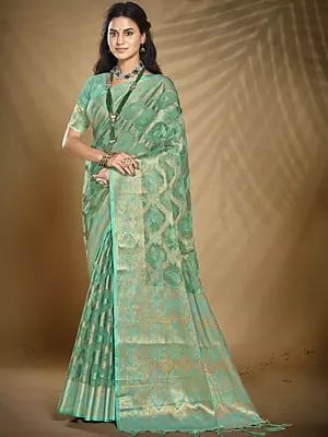 Organza Woven Motifs Festival Wear Saree With Tassels Pallu