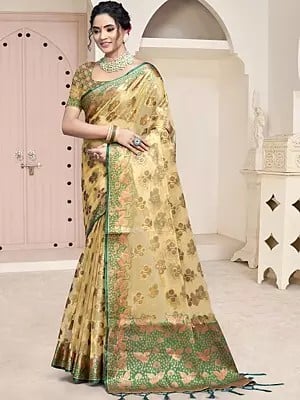 All Over Floral Woven Motifs Organza Saree With Tassels Pallu