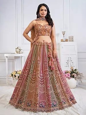 Soft Net Zari Weaving And Thread Work Net Elegant Lehenga Choli With Dupatta