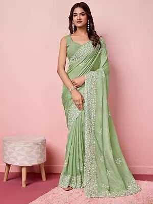 Floral Embroidery Work Designer Party Wear Soft Organza Saree With Blouse