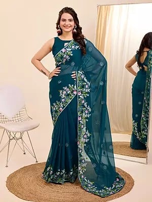 Designer Floral Embroidery Work Party Wear Organza Saree With Blouse