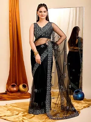 Net Embroidered Sequins Work Elegant Wedding Wear Saree With Blouse