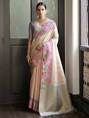 Printed Floral Border With Zari Woven Pallu Banarasi Silk Saree With Blouse