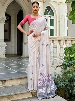 Pichwai Pattern Pallu And Meenakari Butti Weaves Muga Cotton Saree For Casual Occasion