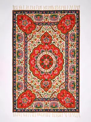 Multicolor Kashmiri Carpet with Chain Stitched Aari Embroidered Flowers