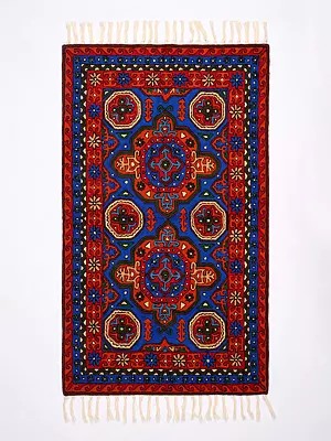 Persian Motifs Kashmiri Carpet with Chain Stitched Thread Embroidery