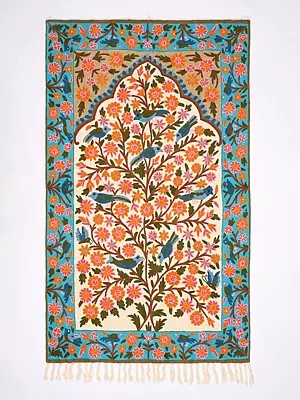 Wall-Hanging cum Carpet from Kashmir with Multicolor Thread Embroidered Sparrows and Flowers