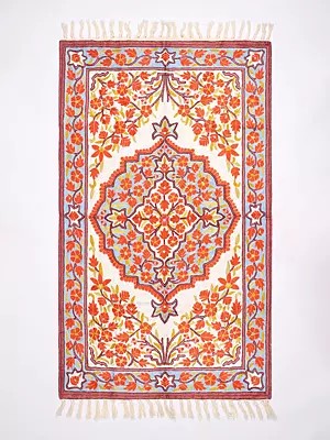 Kashmiri Carpet with Floral Intricate Chain Stitched Aari Embroidery on All-Over
