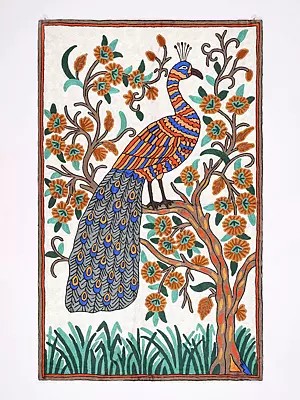 Peacock Wall-Hanging cum Kashmiri Carpet with Multicolor Silk Aari Embroidery