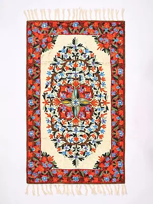 Floral Embroidered Carpet with Contrast Red Border from Kashmir