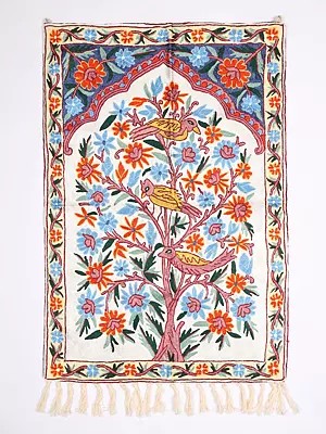 Kashmiri Wall-Hanging cum Carpet with Embroidered Tree of Life with Perched Birds