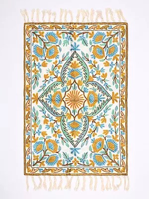 Kashmiri Carpet with Chain Stitch Embroidered Multicolor Flowers