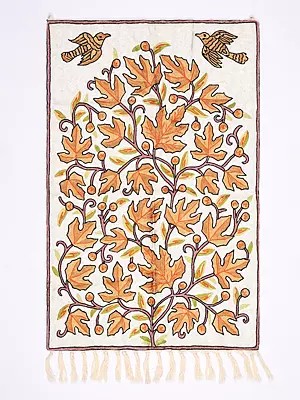 Wall-Hanging cum Carpet from Kashmir with Silk Thread Embroidered Maple Leaves and Flying Birds
