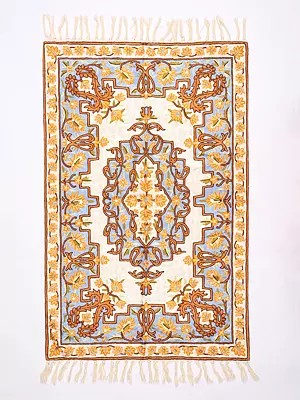 Kashmir Carpet from Chain Stitched Embroidered Paisleys and Flowers with Tassels