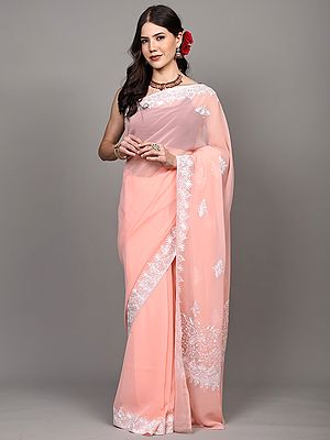 Pale-Rosette Georgette Saree with Paisleys Aari Embroidery on Border and Pallu from Kashmir