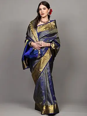 Mazarine-Blue Pure Silk Bridal Saree with All-Over Intricate Zari Weave Small Bootis from Kumbakonam