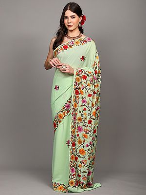 Pistachio-Green Crepe Saree from Kashmir with Aari Embroidered Bootis and Floral Vines Border-Pallu
