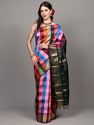 Pure Silk Multicolor Check Pattern Saree with Zari wovne Border from Kumbakonam