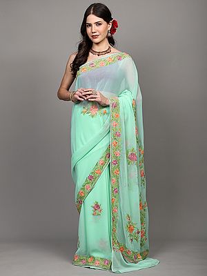 Beach-Glass Georgette Saree with Aari Embroidered Flowers in Multicolor Thread