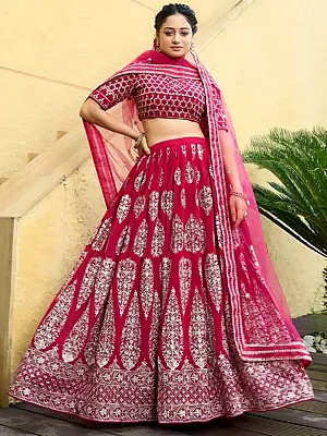 Magenta Faux Georgette Lehenga Choli With Dupatta Featuring Zari Sequence Embroidery