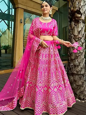 Pink Satin Silk Traditional Zari Embroidered Lehenga Choli For Festive And Wedding Wear