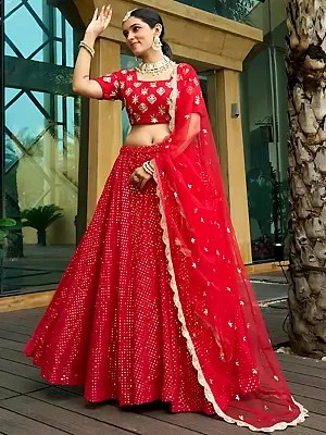 Designer Red Georgette Lehenga Choli Featuring Beautiful Thread And Sequin Embroidery
