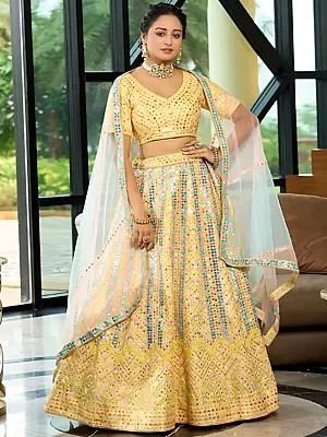 Charming Yellow Dola Silk Embroidered Lehenga Choli with Zari and Sequence Work