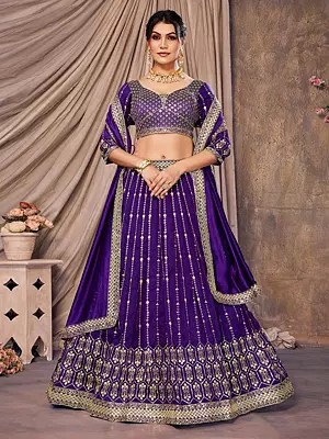 Beautiful Vichitra Fabric Lehenga Choli Set Adorned With Thread And Sequin Embroidery