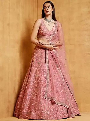 Pink Heavy Japan Satin Lehenga Choli With Embroidered Sequence Work And Butterfly Net Dupatta