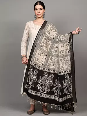 Summer-Sand Kalamkari Dupatta with Printed Radha-Krishna and Cow from Telangana