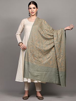 Wool Shawl with All-over Aari-Embroidered Giant Paisleys from Amritsar