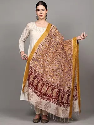 Golden-Cream Kalamkari Dupatta with Printed Paisleys and Zari Border from Telangana