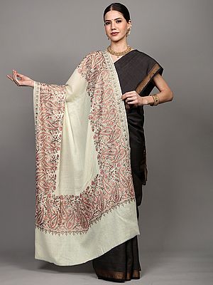 Shawl with Chain Stitch Aari Embroidered Paisleys Broad Border from Amritsar