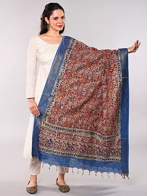 Kalamkari Dupatta from Telangana with Zari Border and Floral Print All-Over
