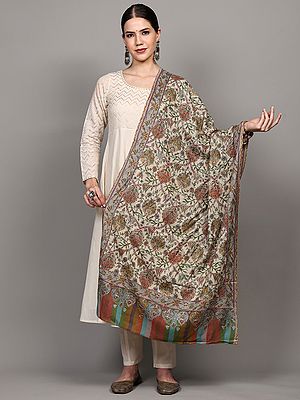 Almost-Aqua Kalamkari Stole with Chain Stitch Thread Embroidered Flowers in Multicolor