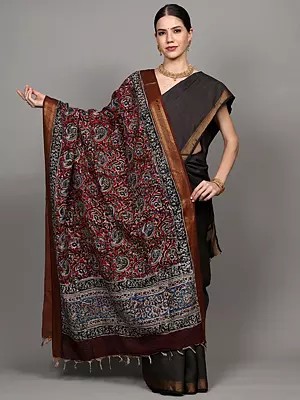 Multicolor Floral-Paisley Print Kalamkari Dupatta with Zari Border from Telangana